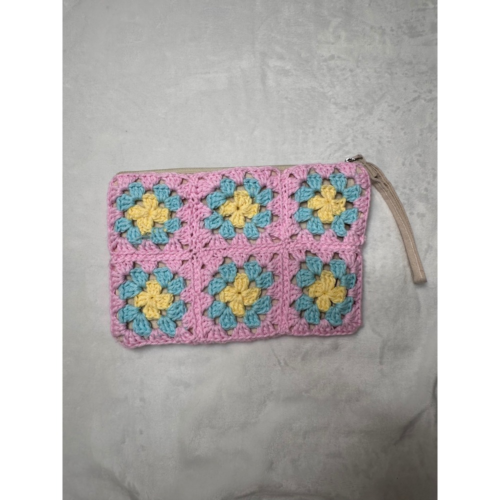 Handmade Pink Floral Crochet Granny Square Zipper Pouch Wristlet Bag Boho